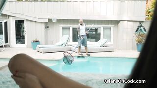 Pool side big black cocking of Asian bikini beauty