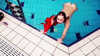 Red long dress and big tits floating in the pool